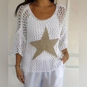 Star Metallic Accent Knitted Mesh Sweater Women’s Plus Size  0XL